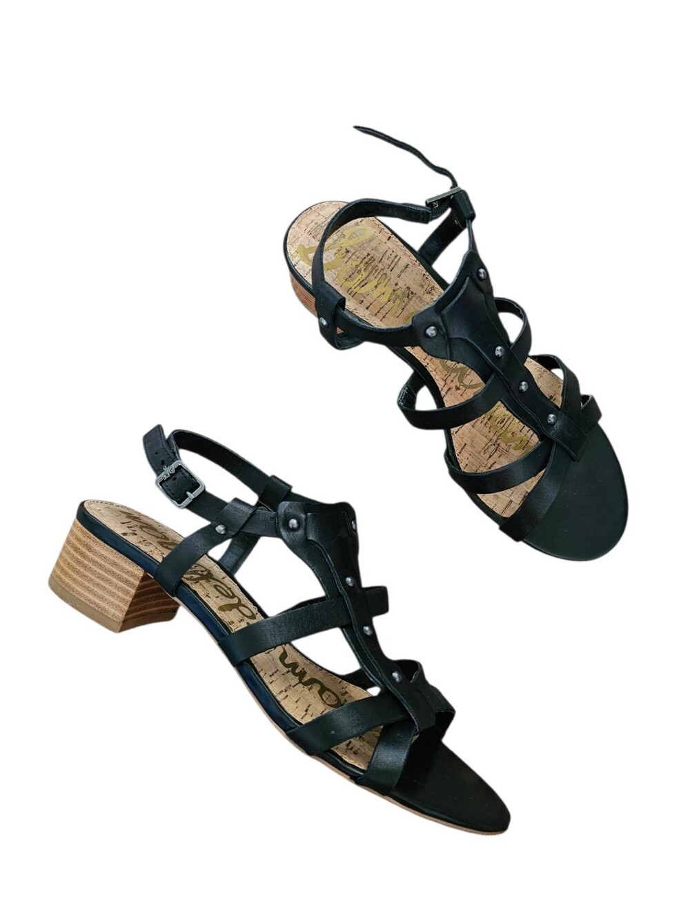 Sam Edelman Angela Leather Black Strappy Block Heel Sandals - Women Size 7.5